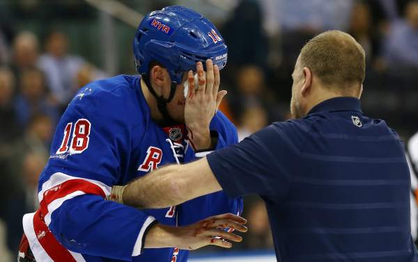 The NHL is discussing mandatory visor usage to mitigate against injuries to the face, like the one suffered by the Rangers' Marc Staal (above) in March. (Elsa/Getty Images)